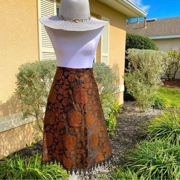 NEW ANNI KUAN A-LINE BRONZE & BLACK SEMI METALLIC ACCENT LACED HEM MIDI SKIRT 4 - Picture 3 of 14